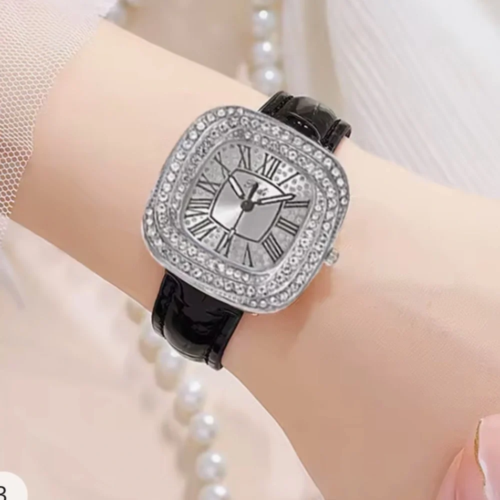 Women’s Square Design Starry Sky Quartz Watch With Diamonds black leather band